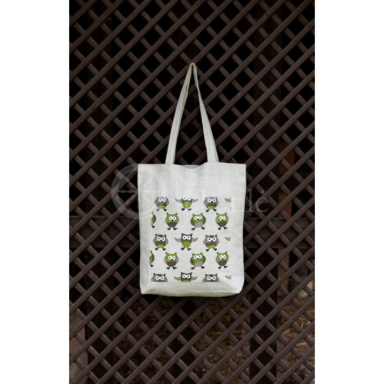 Printed semi-linen shopping bag "Owls green"